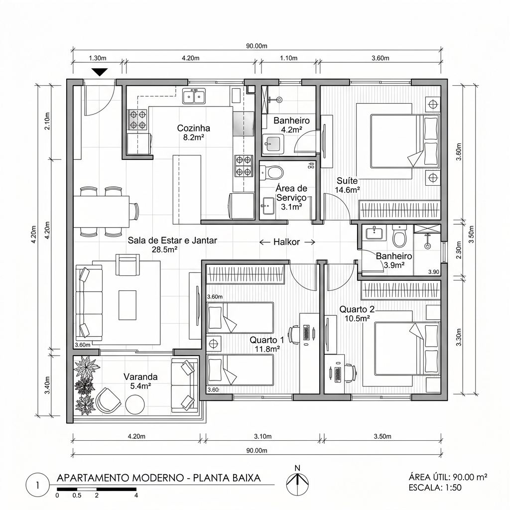 Planta baixa do apartamento tipo A com 90m² — 3 quartos, 1 suíte, varanda gourmet