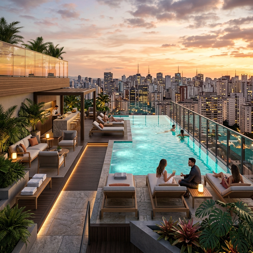 Rooftop exclusivo com piscina infinita e vista panorâmica